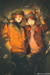 Rule 34 | 2boys, ^ ^, absurdres, alcohol, beanie, beer, beer mug, black pants, black shirt, bottle, brown hair, brown jacket, bubble, caramel jiaomitang, celebration, chinese commentary, closed eyes, collarbone, collared jacket, commentary request, confetti, cowboy shot, cup, denim, drink, earflap beanie, green hat, grey background, grey hat, hair between eyes, happy, hat, highres, holding, holding bottle, holding drink, jacket, jeans, kyle broflovski, lapels, light particles, long sleeves, lower teeth only, male focus, mug, multiple boys, notched lapels, open clothes, open jacket, open mouth, orange hair, orange jacket, pants, pocket, pom pom (clothes), pom pom beanie, shirt, short hair, smile, south park, stan marsh, standing, sweat, teeth, turtleneck, turtleneck shirt, vignetting, watermark, wavy hair, weibo watermark, white shirt, wine bottle, zipper, zipper pull tab