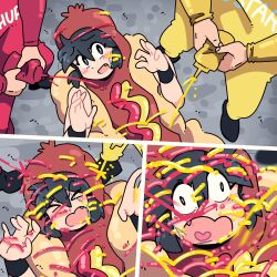 1girl 2boys absurdres black_hair commentary english_commentary fang highres hot_dog_costume ketchup ketchup_bottle lucia_(scott_malin) lying mascot_costume multiple_boys mustard mustard_bottle on_back on_floor open_mouth original scott_malin sexually_suggestive short_hair simulated_bukkake solo_focus upper_body
