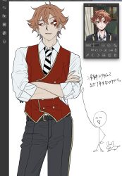 Rule 34 | :/, ace trappola, adam&#039;s apple, art program in frame, belt, black belt, black pants, buttons, clip studio paint, collared shirt, contrapposto, cowboy shot, crossed arms, crossed bangs, diagonal-striped clothes, diagonal-striped necktie, doodle inset, double-breasted, double-parted bangs, dress pants, facial mark, fingernails, flat color, gold buttons, gold trim, hair between eyes, highres, legs apart, looking to the side, male focus, necktie, night raven college uniform, orange hair, pale skin, pants, raised eyebrow, red eyes, red vest, reference inset, screencap, shirt, short hair, simple background, sleeves rolled up, solo, striped clothes, translation request, twisted wonderland, u x3x, vest, waistcoat, white background, white shirt