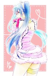 1girl aqua_eyes asukawvm bare_arms bare_shoulders blue_hair blue_nails box box_of_chocolates d.gray-man dress fingerless_gloves floating_hair fur-trimmed_dress fur-trimmed_gloves fur_trim gloves hair_between_eyes hair_ribbon heart heart-shaped_box holding holding_box lenalee_lee long_hair looking_at_viewer looking_back pink_background pink_box pink_dress pink_gloves ribbon short_dress sidelocks single_glove solo thigh_strap thighs twintails white_fur yellow_ribbon