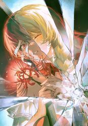 Rule 34 | 1girl, artist name, broken glass, closed eyes, commentary, dress, english commentary, flower, glass, grey hair, halterneck, highres, light blush, long hair, looking at viewer, loose bandages, mint-tan, one eye closed, parted lips, phrolova (wuthering waves), pink eyes, solo, spider lily, split theme, tears, white dress, wuthering waves