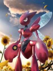 bug claws cowboy_shot flower gen_2_pokemon highres nature nintendo outdoors pokemon pokemon_(creature) redamber334 scizor solo standing sunflower yellow_eyes