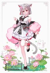 1girl absurdres animal_ear_fluff animal_ears ankle_flower artist_name bare_shoulders black_bow black_shoes bow breasts colored_inner_animal_ears colored_inner_hair commentary detached_sleeves dress dress_bow earrings fang fishnet_thighhighs fishnets flower grey_hair hair_flower hair_ornament high_heels highres inset_border jewelry korean_clothes light_blush looking_at_viewer maro_(neneko_mashiro) multicolored_hair nail_polish neneko_mashiro open_mouth pink_flower pink_nails print_dress red_eyes red_streaks rock shoes short_hair simple_background single_earring single_fishnet_legwear sleeveless sleeveless_dress small_breasts smile solo standing standing_on_one_leg stellive symbol-only_commentary tail tassel tassel_hair_ornament thigh_strap thighhighs virtual_youtuber water white_background white_bow white_dress yuel_1011