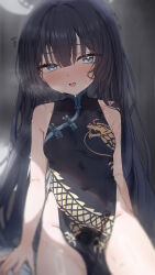 1girl absurdres alternate_hairstyle bare_arms bare_shoulders black_dress black_hair blue_archive blue_eyes blush breasts china_dress chinese_clothes dragon_print dress grey_halo halo highres kisaki_(blue_archive) loli long_hair looking_at_viewer number-only_commentary open_mouth pelvic_curtain print_dress sitting sleeveless sleeveless_dress small_breasts solo sweat very_long_hair wendao
