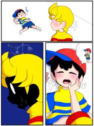 2boys black_hair blonde_hair blush child dreaming elementary_schoolboy hat imminent_penetration legs lucas_(mother_3) lying mother_(series) mother_2 mother_3 mrsksigure multiple_boys ness_(mother_2) nintendo open_mouth pov shirt shorts shota sleeping soks super_smash_bros. sweat sweatdrop tongue yaoi