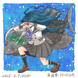 Rule 34 | 1girl, ahoge, artist name, barreleye fish, black sailor collar, blue hair, blue ribbon, buttons, collared shirt, commentary, covering own eyes, dated, double-breasted, fighting stance, fish, floating hair, full body, grey skirt, hands up, hari tabo42, highres, huge ahoge, kawabe marin, kneehighs, loafers, long hair, lunge, neck ribbon, open mouth, original, pleated skirt, ribbon, sailor collar, school uniform, serafuku, shirt, shirt under shirt, shoes, signature, skirt, socks, solo, standing, translated, white shirt
