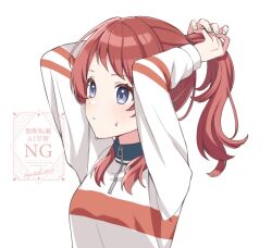 1girl alternate_hairstyle blush closed_mouth commentary gakuen_idolmaster hanami_saki idolmaster jacket long_hair long_sleeves ponytail purple_eyes red_hair simple_background solo sweat tying_hair upper_body watermark white_background white_jacket yukina_yotsuba zipper