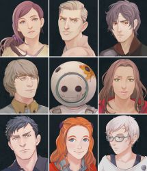 4girls 5boys black_hair blue_eyes brown_hair carlos diana_(kyokugen_dasshutsu) earrings eric_(kyokugen_dasshutu) flower glasses green_eyes grey_eyes hair_flower hair_ornament hair_scrunchie hoop_earrings jewelry junpei_(kyokugen_dasshutsu) kyokugen_dasshutsu long_hair looking_at_viewer mira_(kyokugen_dasshutu) multiple_boys multiple_girls kurashiki_akane orange_hair parted_lips phi_(kyokugen_dasshutsu) ponytail purple_scrunchie q_(zero_time_dilemma) red_eyes scrunchie sigma_(kyokugen_dasshutsu) simple_background tan upper_body white_hair yakuzafish zero_escape:_toki_no_dilemma