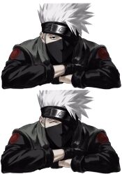 Rule 34 | 1boy, closed eyes, flak jacket, forehead protector, green jacket, hatake kakashi, highres, jacket, konohagakure shinobi uniform, light smile, looking at viewer, male focus, mask, mouth mask, naruto (classic), naruto (series), ninja mask, short hair, simple background, solo, spiked hair, sso s, white background, white hair