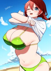 1girl ;d absurdres artist_name beach bikini bikini_under_clothes blue_eyes blue_sky blush braid breasts brown_hair cleavage cloud commentary_request cowboy_shot cumulonimbus_cloud day emma_verde freckles green_bikini highres huge_breasts looking_ahead love_live! love_live!_nijigasaki_high_school_idol_club low_twin_braids medium_hair navel one_eye_closed open_mouth outdoors shirt signature sky smile solo stomach string_bikini sweat swimsuit tarakon teeth twin_braids undressing upper_teeth_only white_shirt