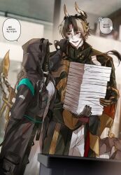 Rule 34 | 1boy, 1girl, absurdres, arknights, arm behind back, black coat, black gloves, blurry, brown hair, cheek pinching, chongyue (arknights), coat, cowboy shot, depth of field, doctor (arknights), dragon boy, dragon horns, dragon tail, dutch angle, female doctor (arknights), gloves, hand up, height difference, highres, holding, holding paper, hood, hood up, hooded coat, horns, indoors, korean text, light blush, long hair, looking at another, open clothes, open coat, pants, paper, paper stack, parted bangs, pinching, raised inner eyebrows, red eyes, shirt, smile, tail, teeth, translation request, upper teeth only, walhee221, white hair, white pants, white shirt
