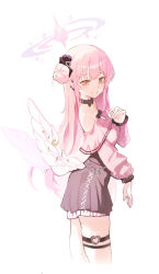 1girl absurdres alternate_costume bare_shoulders black_choker black_scrunchie black_skirt blue_archive blush choker ear_piercing earrings feathered_wings flower hair_bun hair_flower hair_ornament highres jewelry jirai_kei looking_at_viewer mamo_(user_jjca7524) mika_(blue_archive) piercing pink_hair pink_shirt purple_flower scrunchie shirt single_side_bun skirt smile solo wings yellow_eyes
