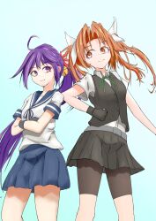 absurdres ahoge akebono_(kancolle) back-to-back bell bike_shorts black_skirt black_vest blue_sailor_collar blue_skirt brown_eyes brown_hair collared_shirt commentary_request dress_shirt green_ribbon highres jingle_bell kagerou_(kancolle) kagerou_kai_ni_(kancolle) kantai_collection long_hair neck_ribbon pleated_skirt purple_eyes purple_hair ribbon sailor_collar school_uniform serafuku shirt shorts shorts_under_skirt side_ponytail skirt tastas twintails vest white_shirt