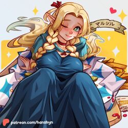 1girl ;) aqua_capelet aqua_dress arm_support artist_name blush braid breasts capelet character_name choker come_hither dress dungeon_meshi elf female_focus green_eyes hanshyn japanese_text large_breasts long_hair looking_at_viewer marcille_donato one_eye_closed patreon_logo patreon_username pointy_ears red_choker sidelocks simple_background sitting smile solo twintails two-tone_background very_long_hair watermark web_address wink