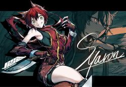 1girl animal_ears armpits artist_logo belt black_belt black_undershirt breasts commission double-parted_bangs drop_shadow fingerless_gloves gloves green_eyes grin hair_between_eyes highres holding holding_knife juerucj knife letterboxed logo original outside_border red-framed_eyewear red_gloves red_hair red_nails red_scarf red_shorts scarf shirt short_hair shorts skeb_commission sleeveless sleeveless_shirt smile thighs