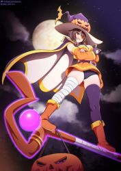 1girl alternate_color alternate_costume artist_name bare_shoulders belt black_belt black_cape black_gloves black_panties boots breasts broom broom_riding broom_surfing brown_boots brown_hair cameltoe candy cape cleavage detached_sleeves dress food from_below full_moon gloves halloween_bucket hat jack-o&#039;-lantern kono_subarashii_sekai_ni_shukufuku_wo! logo medium_breasts medium_hair megumin moon neocoill night night_sky orange_dress outdoors panties pumpkin purple_hat single_thighhigh sky solo staff standing thighhighs thumbs_up underwear watermark web_address white_cape witch_hat