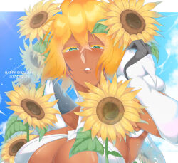 1girl bleach blonde_hair blue_sky blush border breasts cleavage cloud commentary dark-skinned_female dark_skin dated espada facial_tattoo flower green_eyes grin hair_between_eyes half-closed_eyes happy_birthday highres large_breasts lightning_bolt_print looking_at_viewer nijiran_(av0xu) short_hair sky smile solo sunflower tattoo teeth tier_harribel white_border