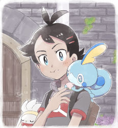 1boy :t antenna_hair backpack bag berry_(pokemon) blue_eyes blush brown_bag commentary creatures_(company) dated eating eyelashes food food_on_face game_freak gen_8_pokemon goh_(pokemon) highres leaf looking_at_viewer male_focus ni4k1 nintendo on_shoulder pokemon pokemon_(anime) pokemon_(creature) pokemon_journeys pokemon_on_shoulder raboot short_sleeves sobble