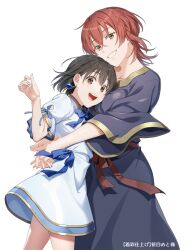 2girls :d black_dress blue_bow blue_gemstone bow breasts brown_eyes brown_hair brown_ribbon cowboy_shot dress earrings fingernails gem green_eyes grin hair_between_eyes hug ikuwataru_nagomi jewelry looking_at_viewer multiple_girls open_mouth original red_hair ribbon simple_background smile translation_request waist_ribbon white_background white_dress