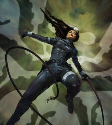 1girl absurdres belt black_bodysuit black_hair black_lips bodysuit bracelet captain_america_(series) falling highres holster hydra jewelry lipstick makeup marvel marvel_snap multicolored_hair official_art skin_tight solo superhero_costume tentacles two-tone_hair valentina_allegra_de_fontaine viktor_farro weapon whip white_hair wind