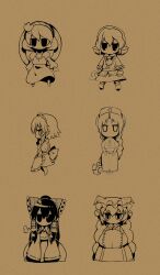 6+girls absurdres asakawa_remon bow braid brown_theme chibi chibi_only cross dress fox_girl fox_tail frilled_bow frilled_hair_tubes frills full_body hair_bow hair_ornament hair_tubes hakurei_reimu hands_in_opposite_sleeves hat highres izayoi_sakuya leaf_hair_ornament long_hair looking_at_viewer maid maid_headdress mizuhashi_parsee monochrome multiple_girls multiple_tails no_mouth nurse_cap pointy_ears scarf shirt short_hair simple_background single_braid sitting skirt standing tail touhou very_long_hair yagokoro_eirin yakumo_ran yasaka_kanako