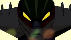 commentary_request gundam gundam_gquuuuuux head_only highres koutetsu_jeeg koutetsu_jeeg_(mecha) looking_at_viewer mecha mecha_focus no_humans parody reprilo_channel robot scene_reference science_fiction solo super_robot yellow_eyes zooming_in