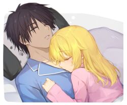 1boy 1girl alternate_costume alternate_hairstyle black_hair blonde_hair blue_pajamas blush border brother_and_sister chitose_haruki chitose_sana closed_eyes closed_mouth cofetaru commentary dutch_angle eyelashes girl_on_top hair_between_eyes hair_down hair_intakes head_on_another&#039;s_chest head_on_pillow highres hug long_hair lying on_back on_bed on_stomach pajamas parted_lips pillow pink_pajamas profile short_hair siblings sleeping sleeves_past_wrists spiked_hair straight_hair tenshinranman upper_body white_border