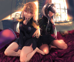Rule 34 | 2girls, barefoot, bed, black jacket, blonde hair, chart, desk, grey hair, hand up, highres, jacket, kneeling, kuro no maou, long hair, long sleeves, looking at viewer, multiple girls, nikuman (samara), picture frame, pillow, purple eyes, red eyes, reki (kuro no maou), smile, thighs, twintails, ursula (kuro no maou), v, window