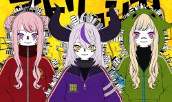 Rule 34 | 3girls, blonde hair, building, crazy eyes, facial mark, green hoodie, highres, himehina channel, hololive, hood, hoodie, horns, huge horns, jacket, la+ darknesss, long hair, matryoshka (vocaloid), multicolored hair, multiple girls, pink hair, purple eyes, streaked hair, suzuki hina, tanaka hime, track jacket, virtual youtuber, yanagida shiina, yellow background, yellow eyes, zipper, zipper pull tab