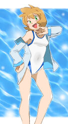 Rule 34 | 1girl, armpits, bare arms, blush, breasts, gen 1 pokemon, green eyes, jacket, jacket over swimsuit, legs, long sleeves, medium breasts, misty (pokemon), nintendo, off shoulder, one-piece swimsuit, onnaski, open clothes, open jacket, orange hair, pokemon, pokemon hgss, short hair, smile, solo, sweat, sweatdrop, swimsuit, thighs, wet, white one-piece swimsuit