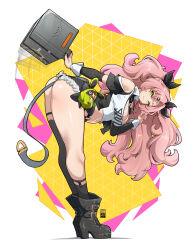 1girl absurdres asymmetrical_legwear bayeuxman bent_over big_hair black_boots black_ribbon boots breasts cleavage crop_top green_eyes hair_ornament hair_ribbon hairclip highres jewelry large_breasts long_hair looking_at_viewer mole nicole_demara pink_hair ribbon shorts single_thighhigh smile thighhighs two_side_up very_long_hair zenless_zone_zero