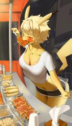 1girl absurdres animal_ears bad_id bad_twitter_id black_shorts blonde_hair blush_stickers breasts chva cleavage clenched_hand closed_eyes corn_dog crop_top dolphin_shorts eating electricity fang food food_stand gen_1_pokemon highres leaning_forward meat navel nintendo personification pikachu pikachu_ears pikachu_tail pokemon pokemon_tail shirt short_sleeves shorts skewer solo tail white_shirt