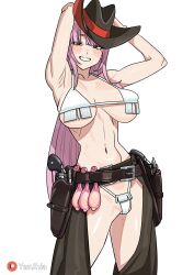 Rule 34 | 1girl, absurdres, bikini, breasts, chaps, cleavage, colored condom, condom, condom belt, cowboy, cowboy hat, cowboy western, hat, hat ornament, highres, hololive, hololive english, large breasts, long hair, looking at viewer, mori calliope, mori calliope (sheriff), multiple condoms, official alternate costume, pink hair, pointless condom, red eyes, sheriff (western), skull hat ornament, smile, swimsuit, used condom, virtual youtuber, western, white bikini, yan jhia