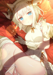 Rule 34 | 1girl, absurdres, akiran&#039;nu, ankle lace-up, bare shoulders, blonde hair, blue eyes, breasts, capelet, cross-laced clothes, dragon girl, dragon horns, dragon wings, dress, female focus, hair ribbon, has bad revision, highres, horns, light particles, looking at viewer, lying, md5 mismatch, myr (p&amp;d), neck ribbon, on bed, on side, orange ribbon, parted lips, puzzle &amp; dragons, resolution mismatch, ribbon, scales, short hair, sleeveless, sleeveless dress, small breasts, solo, source smaller, white dress, wings
