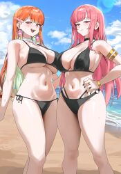 2girls absurdres armlet bare_shoulders beach bikini black_bikini black_nails blue_sky blush breasts cloud cloudy_sky collarbone commentary day earrings fang feather_earrings feathers fingernails green_hair hair_ornament hairclip highres hololive hololive_english jewelry large_breasts long_hair looking_at_viewer mori_calliope multiple_girls nail_polish navel neck_ribbon ocean open_mouth orange_hair outdoors pink_eyes pink_feathers pink_hair ribbon sand side-tie_bikini_bottom sky smile stomach swimsuit takanashi_kiara teeth thighs virtual_youtuber white_ribbon yulmu98999