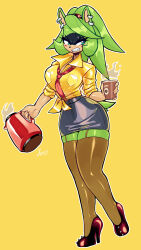 1girl aqua_eyes blush breasts brown_thighhighs choker coffee curvy earrings female_focus full_body furry furry_female garter_straps green_hair high_heels highres jamoart jewelry large_breasts long_hair narrow_waist necktie red_footwear secretary sharp_teeth skindentation skirt solo sonic_(series) surge_the_tenrec tail teeth thick_thighs thighhighs thighs