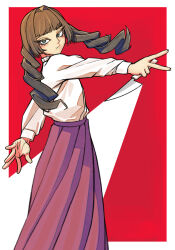 1girl border brown_hair closed_mouth commentary_request face_piercing fear_&amp;_hunger_(series) fear_&amp;_hunger_2:_termina feet_out_of_frame frilled_shirt_collar frills geulim03 green_eyes highres holding holding_knife kitchen_knife knife korean_commentary long_hair long_sleeves looking_at_viewer marina_(fear_&amp;_hunger) mouth_piercing outside_border piercing pink_skirt red_background reverse_grip shirt shirt_tucked_in skirt solo white_border white_shirt