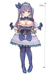 1girl aqua_bow aqua_dress blue_bow blue_dress blue_eyes blue_flower blue_gloves blue_hair blue_ribbon blue_rose blue_skirt blue_thighhighs blush bow breasts butterfly_earrings cleavage cleavage_cutout clothing_cutout corsage dress earrings flower full_body gloves hair_ribbon highres jewelry kagami_uekusa large_breasts light_smile nijisanji oppai_loli purple_flower purple_rose ribbon rose shortstack single_bare_shoulder skirt standing thighhighs tiara twintails virtual_youtuber waist_bow white_background yuuki_chihiro yuuki_chihiro_(12th_costume)