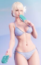 1girl arms_up bikini blonde_hair blue_bikini blunt_bangs braid breasts cleavage collarbone cowboy_shot food highres kaine_(nier) licking melting_popsicle narrow_waist navel nier nier_(series) one_eye_closed parted_bangs patreon_username popsicle sidelocks single_braid solo sreliata striped_bikini striped_clothes swimsuit thighs tongue tongue_out uppe yellow_eyes