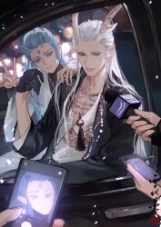 Rule 34 | 2boys, alternate costume, ao bing (nezha zhi motong jiangshi), ao guang (nezha zhi motong jiangshi), black gloves, black jacket, black shirt, blue eyes, blue hair, blue horns, car, car interior, car seat, cellphone, cellphone photo, chinese commentary, coat, collarbone, contemporary, dragon boy, dragon horns, eastern dragon horns, facial mark, father and son, fold-over collar, forehead mark, gloves, hair slicked back, half gloves, hand on another&#039;s shoulder, hand up, highres, holding, holding microphone, holding phone, horns, interview, jacket, long hair, long sleeves, looking at viewer, looking to the side, male focus, microphone, motor vehicle, multiple boys, multiple necklaces, neck tassel, nezha zhi motong jiangshi, non-circular lens flare, open clothes, open jacket, paparazzi, parted lips, people, phone, pointy ears, print shirt, red eyes, shirt, sidelocks, sitting, sleeves past wrists, smartphone, smile, three-quarter sleeves, turtleneck, upper body, v, white coat, white hair, white shirt, xuedaixun