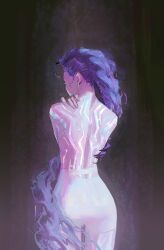 1girl absurdres back bare_back bare_shoulders body_markings braid claws colored_skin commentary english_commentary from_behind glowing gradient_background grey_background highres honeyoink_draw kpop_demon_hunters long_braid multicolored_hair multicolored_skin no_shirt purple_hair purple_nails rumi_(kpop_demon_hunters) shade short_shorts shorts simple_background single_braid solo standing streaked_hair thighs two-tone_skin white_shorts