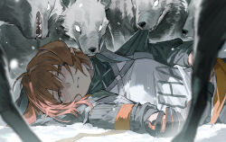 1girl absurdres arknights biting black_gloves blush breasts crownslayer_(arknights) dopperu_ben extra_ears gloves grey_jacket highres hyena_ears jacket looking_at_viewer lying making-of_available medium_breasts on_side open_clothes open_jacket parted_lips pointy_ears red_eyes red_hair shirt short_hair snow solo three-quarter_sleeves upper_body white_shirt wolf