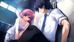1boy 1girl bare_shoulders black_hair black_pants black_ribbon blue_eyes blue_necktie breasts closed_mouth collarbone collared_shirt dirty dirty_clothes game_cg grisaia_(series) grisaia_no_meikyuu hair_ribbon indoors kazami_yuuji komine_sachi leaning_on_object looking_at_another medium_breasts mihama_private_academy_school_uniform necktie non-web_source pants pink_hair plaid_clothes plaid_necktie refrigerator ribbon school_uniform shirt short_hair short_sleeves sink sitting smile steam tank_top tile_wall tiles white_pants white_shirt white_tank_top window