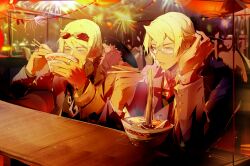 2boys absurdres ace_attorney apollo_justice:_ace_attorney black_shirt blonde_hair blue_suit blurry booth_seating bowl brothers chain chain_necklace chopsticks depth_of_field drill_hair eating eyewear_on_head fireworks food formal_clothes fur-trimmed_jacket fur_trim highres holding holding_bowl holding_chopsticks jacket jewelry klavier_gavin kristoph_gavin lanfengzheyu long_hair male_focus multiple_boys neck_ribbon necklace noodles open_mouth pink_ribbon ramen ribbon semi-rimless_eyewear shirt siblings sitting suit suit_jacket sunglasses white_shirt