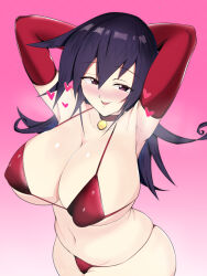1girl armpits black_choker blush breasts choker duel_masters elbow_gloves gloves groin heart highres huge_breasts long_hair looking_at_viewer navel open_mouth pinarita purple_hair smile solo tasogare_mimi