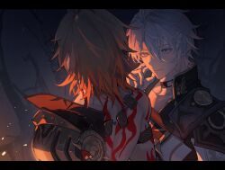 Rule 34 | 2boys, antenna hair, arm tattoo, armlet, armor, back tattoo, black choker, black coat, black shirt, blonde hair, chinese commentary, choker, closed eyes, coat, commentary request, gold necklace, gradient hair, hair between eyes, highres, honkai: star rail, honkai (series), jewelry, looking at another, male focus, medium hair, moo5301, multicolored hair, multiple boys, mydei (honkai: star rail), neck tattoo, necklace, open clothes, open coat, parted bangs, pauldrons, phainon (honkai: star rail), red hair, red tattoo, shirt, short hair, shoulder armor, single pauldron, tattoo, white coat, white hair