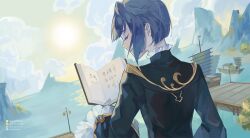 1boy blue_coat blue_hair blue_sky boat book closed_eyes cloud coat commentary day dock english_commentary frilled_shirt_collar frilled_sleeves frills from_behind genshin_impact hand_up highres holding holding_book lamppost long_sleeves male_focus mountain ocean open_book open_mouth outdoors saru_youichi short_hair sky smile solo sun tree upper_body water watercraft wide_sleeves xingqiu_(genshin_impact)