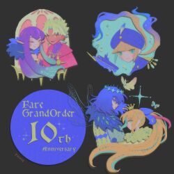 Rule 34 | 2girls, 3boys, :d, :o, ;), absurdres, amakusa shirou (fate), anniversary, artist name, artoria caster (fate), artoria caster (third ascension) (fate), artoria pendragon (fate), blonde hair, blue bow, blue eyes, blue hair, blue hairband, blunt bangs, bow, bug, butterfly, captain nemo (fate), captain nemo (second ascension) (fate), closed mouth, commentary request, copyright name, crown, dark-skinned male, dark skin, diamond hairband, fate/grand order, fate (series), floating hair, gradient hair, green eyes, hair bow, hairband, highres, insect, insect wings, long hair, looking at viewer, low twintails, mini crown, multicolored hair, multiple boys, multiple girls, nemo (fate), oberon (fate), oberon (third ascension) (fate), one eye closed, open mouth, pazet0, pointy ears, ponytail, purple hair, semiramis (fate), ship, short hair, smile, sparkle, twintails, very long hair, watercraft, white hair, wings