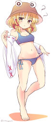 1girl :o ? ?? barefoot blonde_hair blush bra commentary_request full_body hair_ribbon hat highres long_sleeves medium_hair moriya_suwako navel panties parted_bangs purple_bra purple_panties ramudia_(lamyun) red_ribbon ribbon ribbon-trimmed_sleeves ribbon_trim sidelocks simple_background solo touhou twitter_username underwear white_background wide_sleeves yellow_eyes