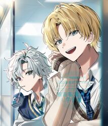 Rule 34 | 2boys, :d, bendy straw, blonde hair, blue eyes, blue necktie, brown sweater, collared shirt, dated, drinking straw, english text, ex albio, ex albio (4th costume), green eyes, grey hair, hair between eyes, heterochromia, long sleeves, looking at viewer, male focus, mouth hold, multiple boys, murakumo kagetsu, murakumo kagetsu (3rd costume), necktie, nijisanji, ninahachi, open mouth, parted bangs, plaid clothes, plaid necktie, purple eyes, school uniform, shirt, sleeves past wrists, smile, sweater, sweater vest, twitter username, upper body, virtual youtuber, watermark, white shirt